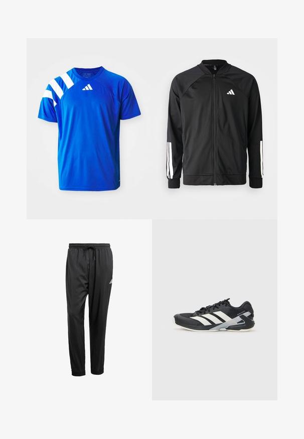 Casaco atlético preto com fecho na frente, mangas raglan, logotipo Adidas branco e riscas brancas nas mangas. Tecido suave com punhos elásticos.; Camisa atlética azul feita de tecido leve, com listras diagonais brancas no ombro esquerdo e um logótipo em relevo no peito.; Calças de desporto pretas com cintura elástica, cordão, tornozelos com punho e um pequeno logótipo branco na coxa direita.; Sapata atlética preta com riscas brancas, parte superior em malha, biqueira arredondada e sola acolchoada. Apresenta um calcanhar texturizado e um sistema de atacadores seguro.