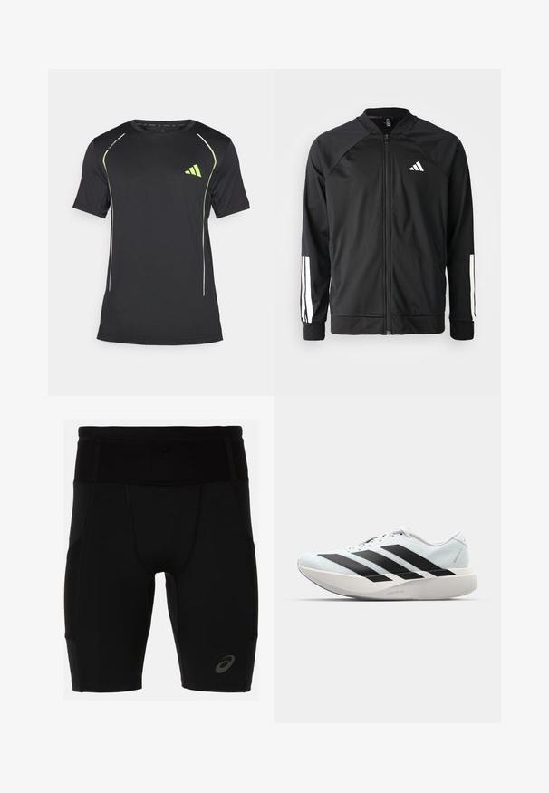 Musta urheilujakku, jossa on vetoketju edessä, raglan-hihat, valkoinen Adidas-logo ja valkoiset raidat hihoissa. Sujuva kangas ja joustavat hihansuut.; Musta urheilupaita, joka on valmistettu kevyestä kankaasta; siinä on vihreitä ja valkoisia yksityiskohtia, lyhyet hihat ja pyöreä kaula-aukkosuunnittelu.; Mustat urheilushortsit, joissa on tiukka muotoilu ja sileä materiaali. Varustettu korkealla vyötäröllä ja pienellä logolla vasemmassa alakulmassa.; Kevyt juoksukengät vaaleansinisinä mustilla raidoilla. Ominaisuuksiin kuuluu sileä pinta, pyöreä kärki ja paksu valkoinen välipohja, joka on merkitty "LIGHTSTRIKE PRO".