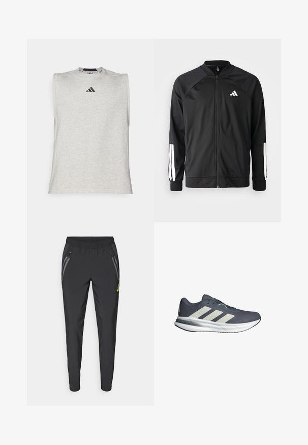 Schwarze Sportjacke mit einem Frontreißverschluss, Raglanärmeln, weißem Adidas-Logo und weißen Streifen an den Ärmeln. Glattes Gewebe mit elastischen Bündchen.; Graues ärmelloses Sportshirt mit Rundhalsausschnitt. Verfügt über ein kleines schwarzes Adidas-Logo auf der Brust. Hergestellt aus weichem, leichtem Stoff.; adidas Performance REAL MADRID TIRO25 PRO VIS TECH TRAVEL PANT - Vereinsmannschaften - black/lucid lemon; Sportlichkeitschuhe mit einem atmungsaktiven, navyblauen Mesh-Obermaterial, drei weißen diagonalen Streifen, einer gepolsterten weißen Sohle und einer strukturierten grauen Außensohle.