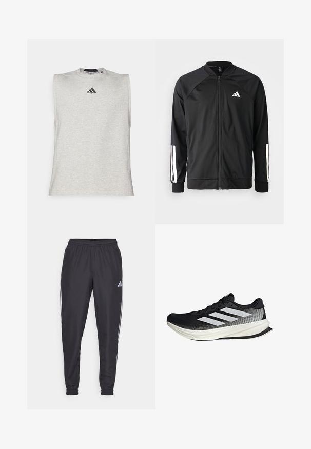 Schwarze Sportjacke mit einem Frontreißverschluss, Raglanärmeln, weißem Adidas-Logo und weißen Streifen an den Ärmeln. Glattes Gewebe mit elastischen Bündchen.; Graues ärmelloses Sportshirt mit Rundhalsausschnitt. Verfügt über ein kleines schwarzes Adidas-Logo auf der Brust. Hergestellt aus weichem, leichtem Stoff.; Schwarze Sporthosen mit elastischem Bund, mit weißen Streifen an den Seiten und einem kleinen Logo an der Hüfte. Glatte Textur.; Schwarzer Sportschuh mit einem Mesh-Design, ausgestattet mit weißen Streifen, einer runden Zehenpartie und einer strukturierten Sohle für Grip und Unterstützung.