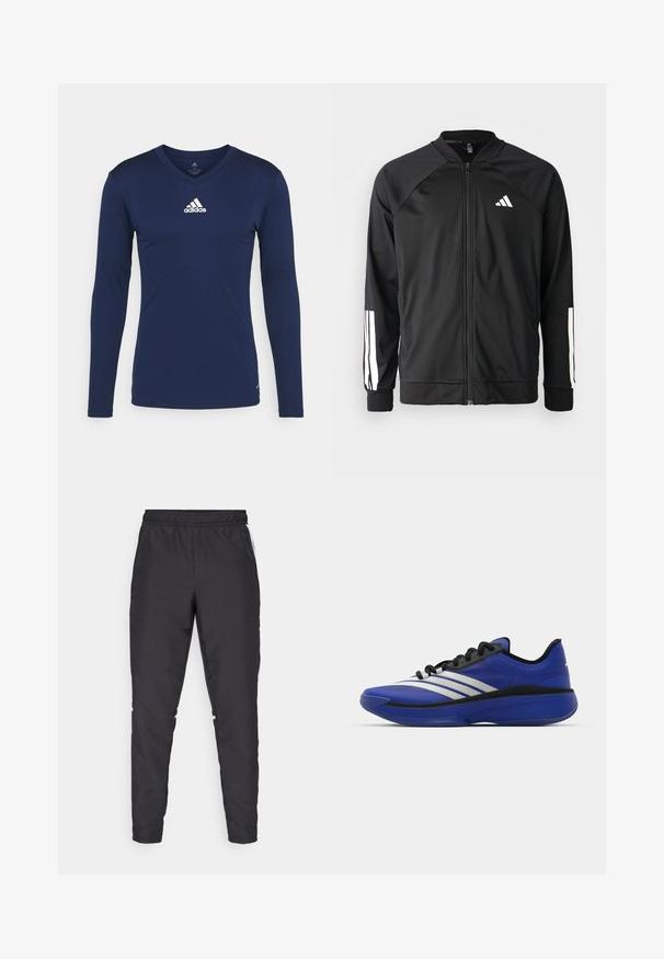 Musta urheilujakku, jossa on vetoketju edessä, raglan-hihat, valkoinen Adidas-logo ja valkoiset raidat hihoissa. Sujuva kangas ja joustavat hihansuut.; Laivastonsininen pitkähihainen urheiluaita, joka on valmistettu teksturoidusta kankaasta. V-kaulus ja valkoinen Adidas-logo rinnassa. Yksinkertainen muotoilu, hyvin istuva malli.; Mustat urheiluhousut, joissa on joustava vyötärö, kapenevat lahkeet ja valkoiset sivuakkentit. Valmistettu synteettisestä materiaalista, jossa on sileä tekstuuri.; adidas Performance ADIZERO SELECT 3.0 - Koripallokengät - lucid blue/core black/metallic