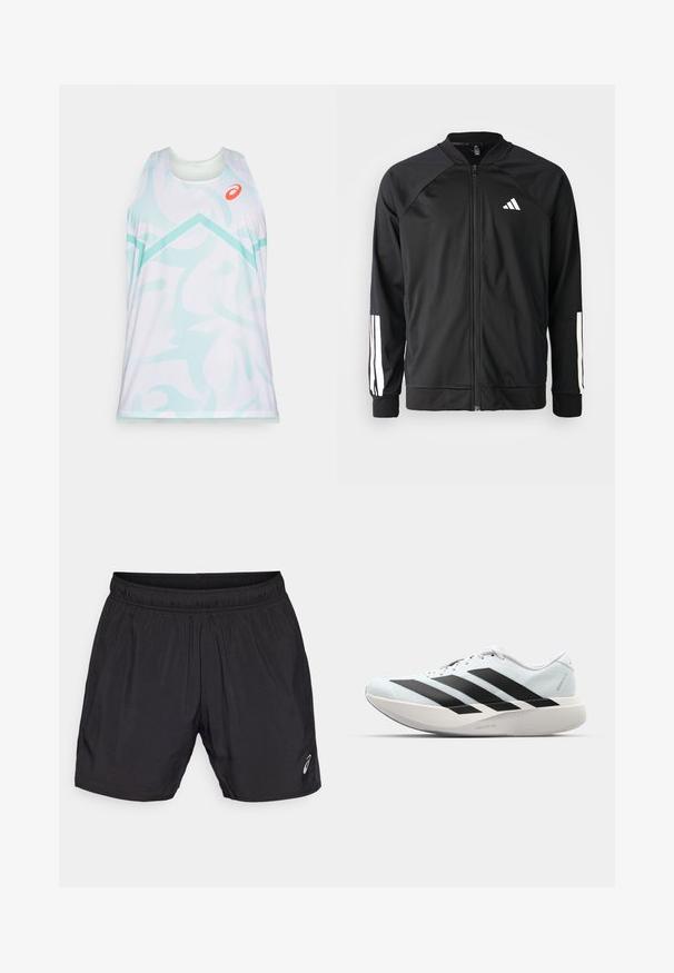 Black athletic jacket with a front zipper, raglan sleeves, white Adidas logo, and white stripes on sleeves. Smooth fabric with elastic cuffs.; Sleeveless athletic tank top in white with light aqua abstract patterns, featuring a round neckline and orange logo accent on the chest.; Black athletic shorts made from lightweight material, featuring an elastic waistband and a small logo on the lower left side.; Lightweight running shoes in pale blue with black stripes. Features a smooth upper, round toe, and thick white midsole labeled "LIGHTSTRIKE PRO."