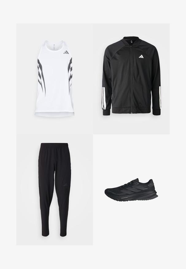 Chaqueta deportiva negra con cremallera frontal, mangas raglán, logo de Adidas en blanco y rayas blancas en las mangas. Tejido suave con puños elásticos.; Camiseta atlética blanca con textura de malla, con franjas diagonales negras y un logo de Adidas cerca del escote. Diseño de espalda nadadora.; Pantalones deportivos negros con cintura elástica, diseño ajustado, bolsillos laterales y un discreto detalle de logo. Fabricados con un material flexible y transpirable.; Zapatilla de correr negra de Adidas con parte superior de Gore-Tex, tres rayas en el costado y "Dreamstrike" en la suela, vista desde el lado exterior.