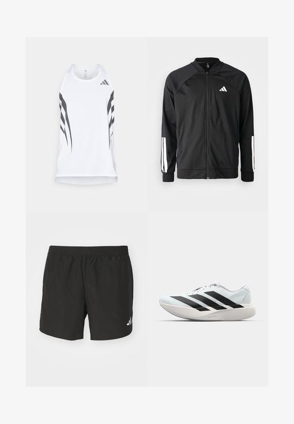 Sort atletisk jakke med lynlås foran, raglanærmer, hvidt Adidas-logo og hvide striber på ærmerne. Glat stof med elastiske manchetter.; Hvid atletisk tanktop med mesh tekstur, der har sorte diagonale striber og et Adidas-logo nær halsudskæringen. Racerback-design.; Sorte atletiske shorts med elastisk talje, sideskår og reflekslogo detajler. Fremstillet af letvægts, glat stof.; Letvægtige løbesko i lys blå med sorte striber. Har en glat overdel, rund tå og tyk hvid mellemsål mærket "LIGHTSTRIKE PRO."