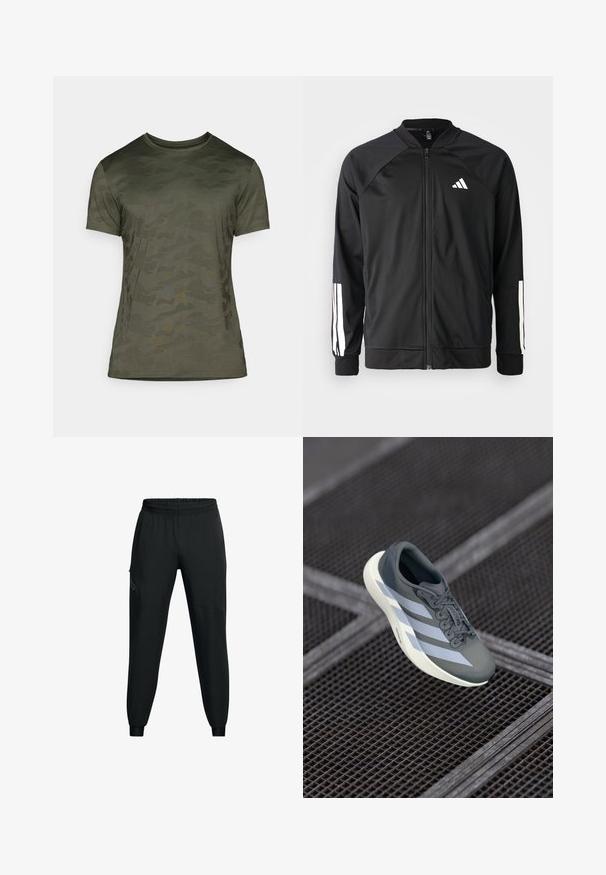 Sort atletisk jakke med lynlås foran, raglanærmer, hvidt Adidas-logo og hvide striber på ærmerne. Glat stof med elastiske manchetter.; Oliven grøn t-shirt med korte ærmer, der har et diskret camouflage mønster. Lavet af blødt stof med rund halsudskæring og en tætsiddende pasform.; Sorte træningsbukser med elastisk talje, tætsiddende bendesign, sidelommer og kontrasterende paneldetaljer. Let og glat stof.; Sportssko i grå og hvid, lavet af syntetisk materiale, med et strømlinet design, tekstureret overflade og fremtrædende snøresystem.