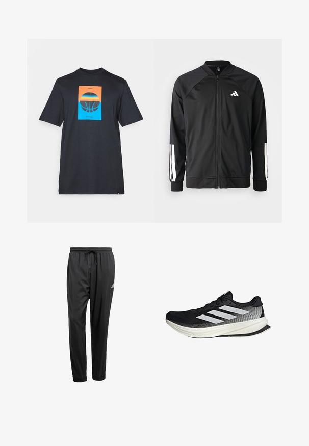 Crna sportska jakna s prednjim zatvaračem, raglan rukavima, bijelim Adidas logom i bijelim prugama na rukavima. Glatka tkanina s elastičnim manžetama.; Crni majica kratkih rukava s centralnom grafikom: narančasti i plavi pravokutnik s ilustracijom košarkaške lopte i natpisom "ADIDAS BASKETBALL."; Crne atletske hlače s elastičnim pojasom, vezicom, manžetama na gležnjevima i malim bijelim logom na desnom bedru.; Crna atletska cipela s mrežastim dizajnom, koja ima bijele pruge, zaobljeni vrh i teksturiranu potplate za prianjanje i potporu.