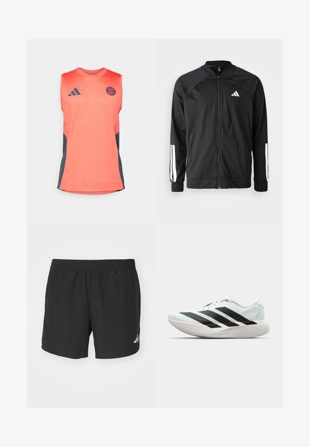 Schwarze Sportjacke mit einem Frontreißverschluss, Raglanärmeln, weißem Adidas-Logo und weißen Streifen an den Ärmeln. Glattes Gewebe mit elastischen Bündchen.; Korallenfarbenes ärmelloses Sportshirt mit dunkelgrauen Seiteneinsätzen. Enthält das Adidas-Logo und das Emblem des FC Bayern München. Hergestellt aus leichtem Material.; Schwarze Sportshorts mit einem elastischen Taillenbund, seitlichen Schlitzen und reflektierenden Logoakzenten. Hergestellt aus leichtem, glattem Material.; Leichte Laufschuhe in hellblau mit schwarzen Streifen. Sie verfügen über ein glattes Obermaterial, eine runde Zehenpartie und eine dicke weiße Zwischensohle, die mit "LIGHTSTRIKE PRO" beschriftet ist.