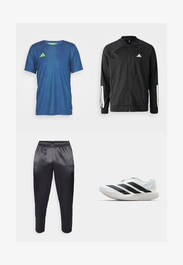Melna sporta jaka ar priekšējo rāvējslēdzēju, raglanu piedurknēm, baltu Adidas logo un baltām svītrām uz piedurknēm. Gluda auduma sastāvs ar elastīgām aprocēm.; Zils sporta t-krekls, izgatavots no viegla auduma, ar apaļu apkakli, īsām piedurknēm un zaļu akcentu logotipu kreisajā krūtī.; Melni sporta bikses, kas izgatavotas no gluda, viegla auduma ar elastīgu jostasvietu. Otrā pusē ir mazs logo, un tās ir šaurākas pie kājām.; Gaiši zili vieglie skriešanas apavi ar melniem svītrainiem. Iezīmēti ar gludu augšpusi, apaļu purngalu un biezāko balto vidējo zoli, kurā ir uzraksts "LIGHTSTRIKE PRO."