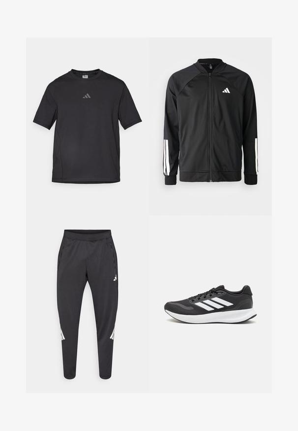 Schwarze Sportjacke mit einem Frontreißverschluss, Raglanärmeln, weißem Adidas-Logo und weißen Streifen an den Ärmeln. Glattes Gewebe mit elastischen Bündchen.; Schwarzes Sport-T-Shirt aus atmungsaktivem Material, mit kurzen Ärmeln, rundem Ausschnitt und einem reflexiven Logo auf der Brust.; Schwarze Sporthose mit zulaufenden Beinen, elastischem Bund, Seitentaschen und weißen Logo- und Streifendetails. Hergestellt aus einem glatten, leichten Material.; Schwarzer Sportschuh mit atmungsaktivem Mesh-Obermaterial, weißen Akzenten und einer gepolsterten Sohle. Mit drei Streifen-Logo an der Seite.