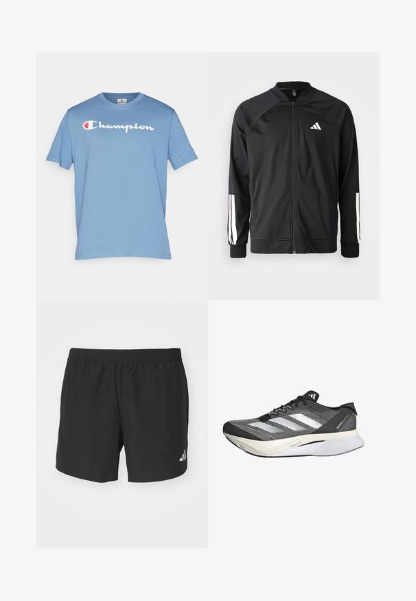 Casaco atlético preto com fecho na frente, mangas raglan, logotipo Adidas branco e riscas brancas nas mangas. Tecido suave com punhos elásticos.; Champion ICONS CREWNECK WITH LARGE LOGO - T-shirt estampada - blue; Calças de desporto pretas com cintura elástica, rachas laterais e detalhes reflectores no logótipo. Feitas de um tecido leve e suave.; Sapatilha atlética em preto e branco com um upper em malha, apresenta três riscas brancas, uma sola proeminente rotulada "LIGHTSTRIKE PRO" e um design aerodinâmico.