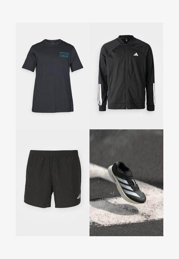 Chaqueta deportiva negra con cremallera frontal, mangas raglán, logo de Adidas en blanco y rayas blancas en las mangas. Tejido suave con puños elásticos.; Camiseta de algodón negra con mangas cortas y cuello redondo. Presenta un estampado gráfico en color teal en la parte izquierda del pecho. Diseño simple y casual.; Pantalones cortos deportivos negros con cintura elástica, aberturas laterales y acentos de logo reflectantes. Hechos de una tela liviana y suave.; Zapato deportivo negro con tres franjas blancas, parte superior texturizada, diseño elegante y suela curvada, posicionado sobre una línea blanca en el asfalto.