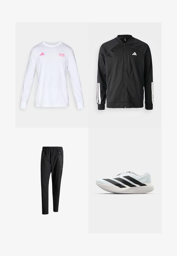 Black athletic jacket with a front zipper, raglan sleeves, white Adidas logo, and white stripes on sleeves. Smooth fabric with elastic cuffs.; White long-sleeve crew neck shirt with pink Adidas logo and BMW Berlin Marathon text on the chest.; Black athletic pants with an elastic waistband, two zippered side pockets, tapered legs, and a subtle logo detail on the hip.; Lightweight running shoes in pale blue with black stripes. Features a smooth upper, round toe, and thick white midsole labeled "LIGHTSTRIKE PRO."