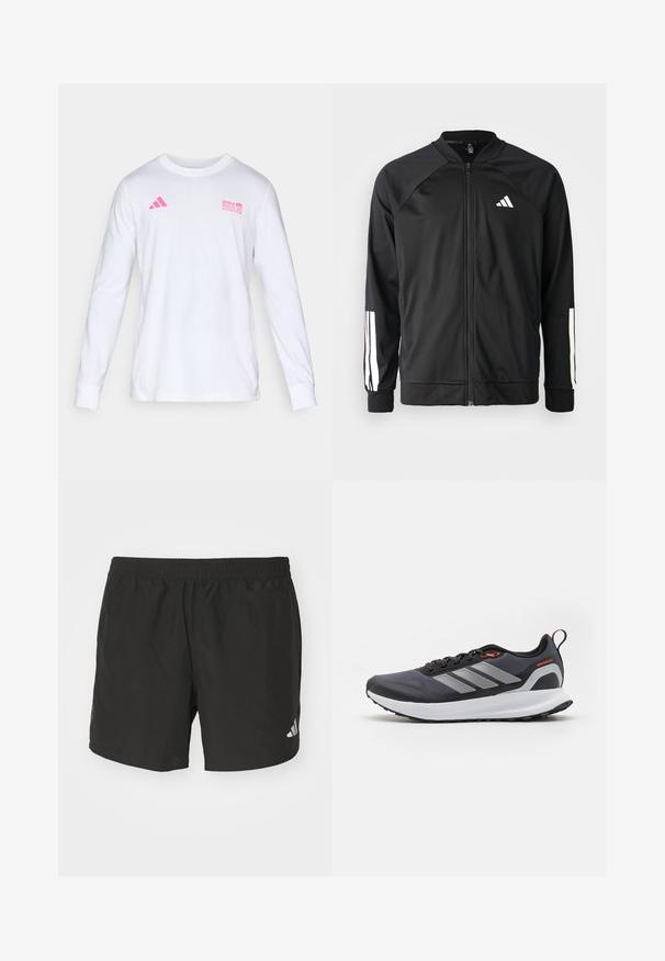 Zwarte sportjack met een rits aan de voorkant, raglanmouwen, wit Adidas-logo en witte strepen op de mouwen. Gladde stof met elastische manchetten.; Witte lange mouwen crew neck shirt met roze Adidas logo en tekst van de BMW Berlijn Marathon op de borst.; Zwarte sportieve shorts met een elastische tailleband, zijsplits en reflecterende logo-accenten. Gemaakt van lichte, gladde stof.; Hardloopschoenen in zwart met grijze accenten. Heeft een gestructureerde bovenkant, stevige zool en reflecterende strepen. Lichtgewicht ontwerp met een gevoerde tussenzool.