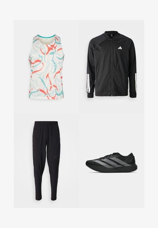 Giacca atletica nera con zip frontale, maniche raglan, logo Adidas bianco e strisce bianche sulle maniche. Tessuto liscio con polsini elasticizzati.; Canotta sportiva senza maniche di un colore crema chiaro, con motivi astratti blu e corallo. Realizzata in tessuto traspirante con scollatura rotonda.; Pantaloni sportivi neri con vita elastica, design affusolato, tasche laterali e dettagli logo discreti. Realizzati in tessuto flessibile e traspirante.; Scarpe sportive nere con un design leggero, caratterizzate da tre strisce grigie prominenti, una superficie liscia e una suola sagomata.
