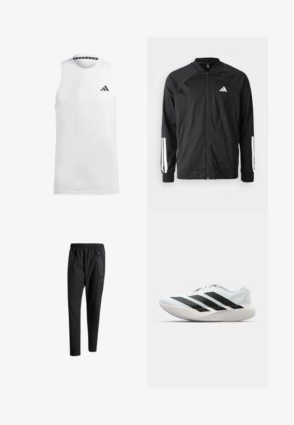 Chaqueta deportiva negra con cremallera frontal, mangas raglán, logo de Adidas en blanco y rayas blancas en las mangas. Tejido suave con puños elásticos.; Camiseta atlética sin mangas blanca hecha de una tela suave. Presenta un logotipo negro en el lado izquierdo del pecho y un escote negro con patrón.; Pantalones deportivos negros con una cintura elástica, dos bolsillos laterales con cremallera, piernas ajustadas y un discreto detalle de logo en la cadera.; Zapatillas de running ligeras en azul pálido con rayas negras. Presentan una parte superior suave, puntera redonda y una gruesa mediasuela blanca etiquetada como "LIGHTSTRIKE PRO".