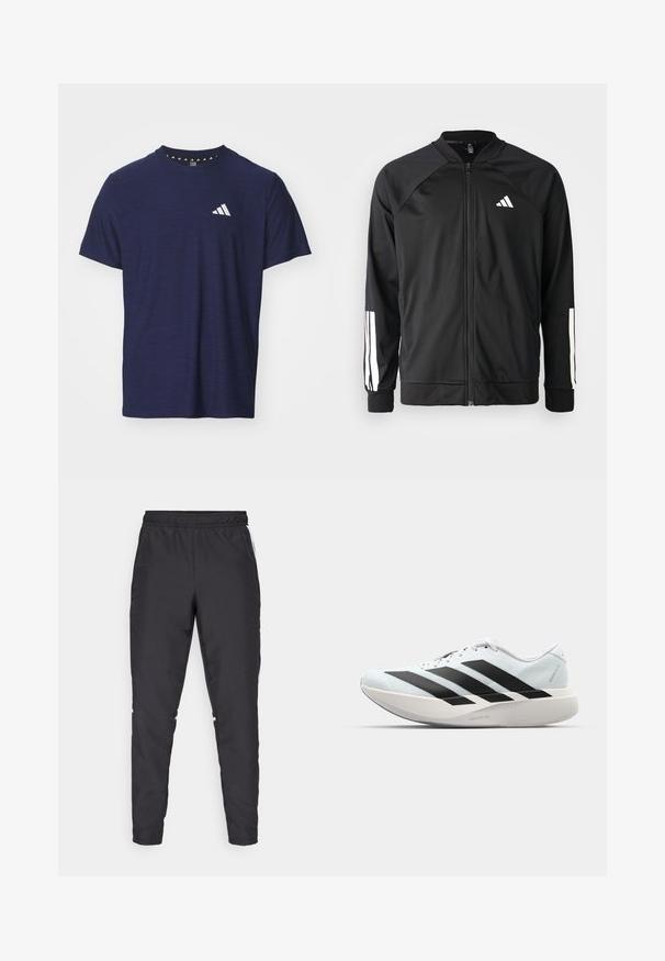 Musta urheilujakku, jossa on vetoketju edessä, raglan-hihat, valkoinen Adidas-logo ja valkoiset raidat hihoissa. Sujuva kangas ja joustavat hihansuut.; Tummansininen lyhythihainen t-paita, joka on valmistettu teksturoidusta kankaasta, pyöreällä kaula-aukolla ja valkoisella logo-suunnittelulla vasemmassa rintataskussa.; Mustat urheiluhousut, joissa on joustava vyötärö, kapenevat lahkeet ja valkoiset sivuakkentit. Valmistettu synteettisestä materiaalista, jossa on sileä tekstuuri.; Kevyt juoksukengät vaaleansinisinä mustilla raidoilla. Ominaisuuksiin kuuluu sileä pinta, pyöreä kärki ja paksu valkoinen välipohja, joka on merkitty "LIGHTSTRIKE PRO".