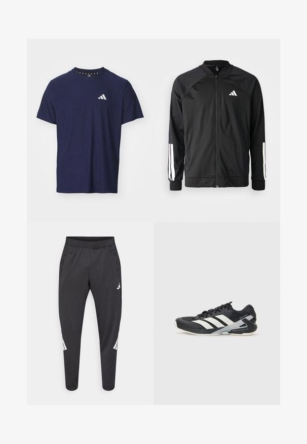 Czarna kurtka sportowa z zamkiem z przodu, raglanowymi rękawami, białym logo Adidas oraz białymi paskami na rękawach. Gładki materiał z elastycznymi mankietami.; Granatowa koszulka z krótkim rękawem wykonana z teksturowanej tkaniny, z okrągłym dekoltem i białym wzorem logo na lewej piersi.; Czarne spodnie sportowe o zwężanych nogawkach, z elastycznym pasem, bocznymi kieszeniami oraz białym logo i paskami. Wykonane z gładkiego, lekkiego materiału.; Czarne buty sportowe z białymi paskami, siateczkowa cholewka, zaokrąglony czubek i amortyzowana podeszwa. Posiadają teksturowany obcas i pewny system sznurowania.