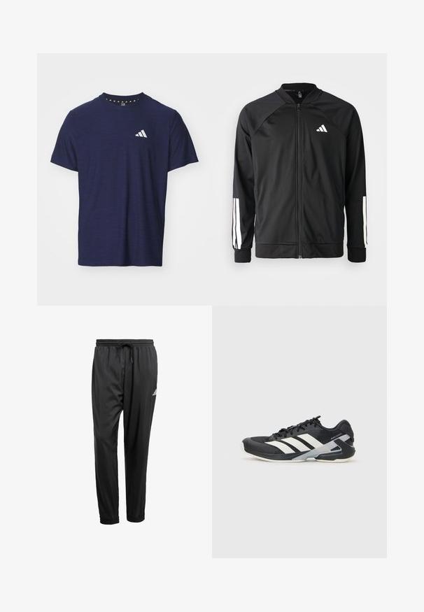 Čierna športová bunda s predným zipsom, raglánovými rukávmi, bielym logom Adidas a bielymi pruhmi na rukávoch. Hladká tkanina s elastickými manžetami.; Námornícky modré tričko s krátkym rukávom vyrobené z textúrovaného materiálu s okrúhlym výstrihom a bielym dizajnom loga na ľavej strane hrude.; Čierne športové nohavice s elastickým pásom, šnúrkou na stiahnutie, sčinenými členkami a malým bielym logom na pravej stehne.; Čierna športová obuv s bielymi pruhmi, sieťovinový zvršok, zaoblená špička a polstrovaná podrážka. Obsahuje štruktúrovaný opätok a bezpečný systém šnurovania.