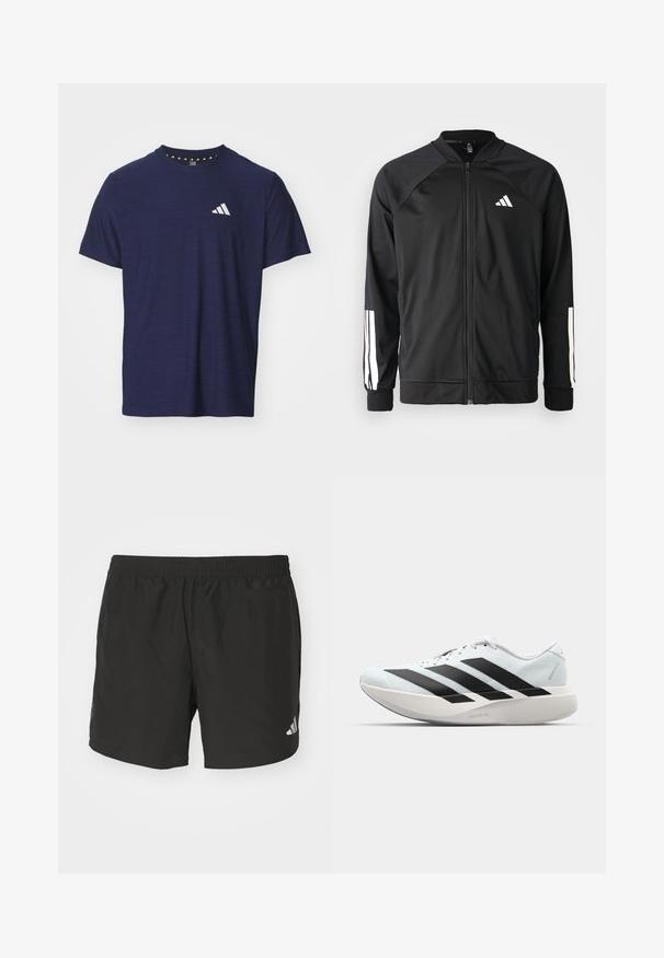 Jachetă sport neagră, cu fermoar frontal, mâneci raglan, logo Adidas alb și dungi albe pe mâneci. Material neted, cu manșete elastice.; Tricou navy blue cu mânecă scurtă, fabricat dintr-un material texturat, cu guler rotund și un design al logo-ului alb pe partea stângă a pieptului.; Pantaloni scurți sport negri cu talie elastică, fante laterale și accente cu logo reflectorizant. Confectionați dintr-un material ușor, neted.; Pantofi de alergare ușori în albastru deschis cu dungi negre. Au un superior neted, vârf rotund și o intermediară groasă albă etichetată "LIGHTSTRIKE PRO."