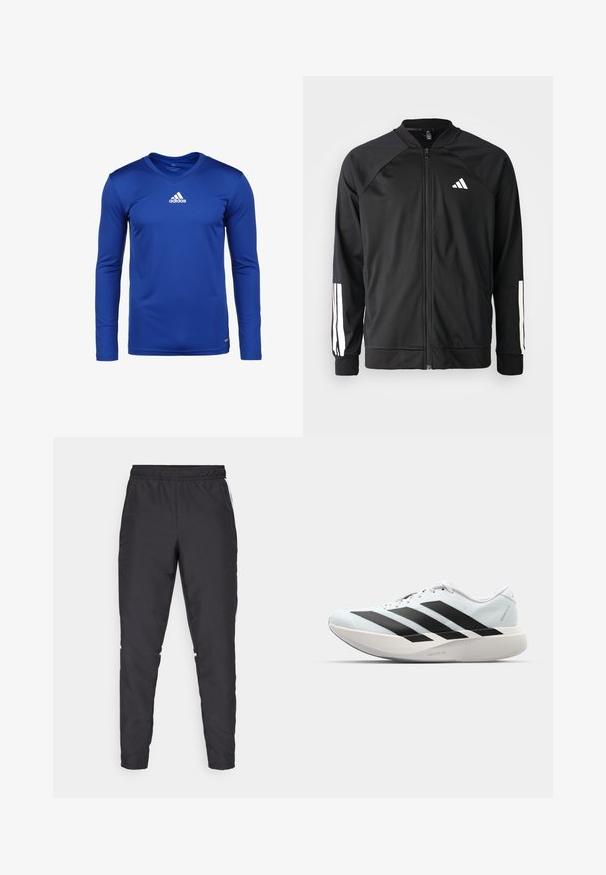 Black athletic jacket with a front zipper, raglan sleeves, white Adidas logo, and white stripes on sleeves. Smooth fabric with elastic cuffs.; Long-sleeve blue athletic shirt made from moisture-wicking fabric, featuring a v-neck and a white Adidas logo on the chest.; Black athletic pants with an elastic waistband, tapered legs, and white side accents. Made of synthetic material with a smooth texture.; Lightweight running shoes in pale blue with black stripes. Features a smooth upper, round toe, and thick white midsole labeled "LIGHTSTRIKE PRO."