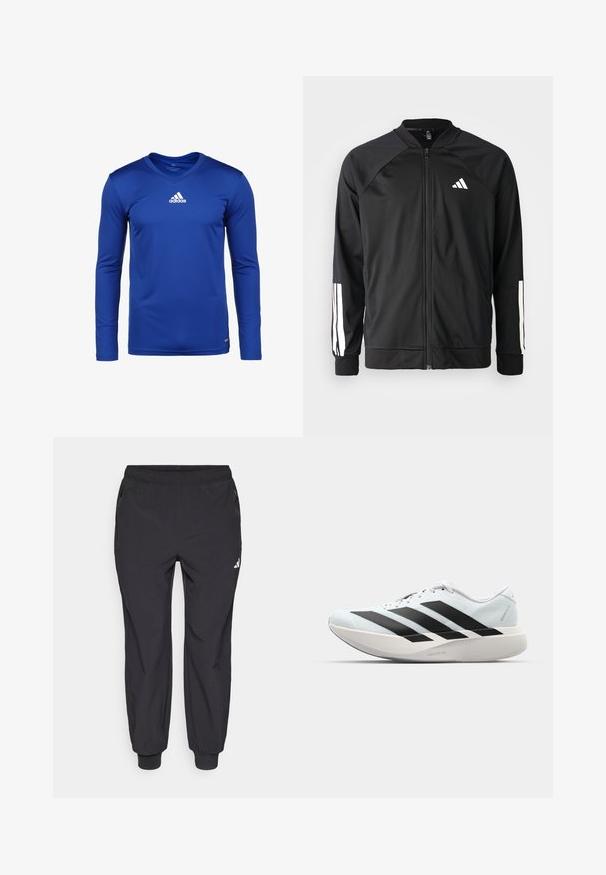 Casaco atlético preto com fecho na frente, mangas raglan, logotipo Adidas branco e riscas brancas nas mangas. Tecido suave com punhos elásticos.; Camisola atlética de mangas longas, azul, feita de tecido que absorve a humidade, com decote em V e um logo branco da Adidas no peito.; Calças atléticas pretas com cós elástico, dois bolsos laterais com fecho de correr, tornozelos afunilados e um pequeno logotipo branco na parte superior da coxa esquerda.; Tênis de corrida leves em azul pálido com riscas pretas. Apresentam um cabedal liso, bico redondo e uma entressola espessa branca rotulada como "LIGHTSTRIKE PRO."
