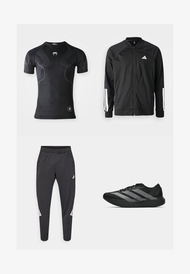 Giacca atletica nera con zip frontale, maniche raglan, logo Adidas bianco e strisce bianche sulle maniche. Tessuto liscio con polsini elasticizzati.; Maglietta sportiva nera a maniche corte con pannelli testurizzati, sottili linee curve bianche, un logo a forma di dente sul petto e un distintivo di performance rotondo vicino all'orlo.; Pantaloni atletici neri con gambe affusolate, cintura elastica, tasche laterali e dettagli con logo bianco e strisce. Realizzati in materiale liscio e leggero.; Scarpe sportive nere con un design leggero, caratterizzate da tre strisce grigie prominenti, una superficie liscia e una suola sagomata.