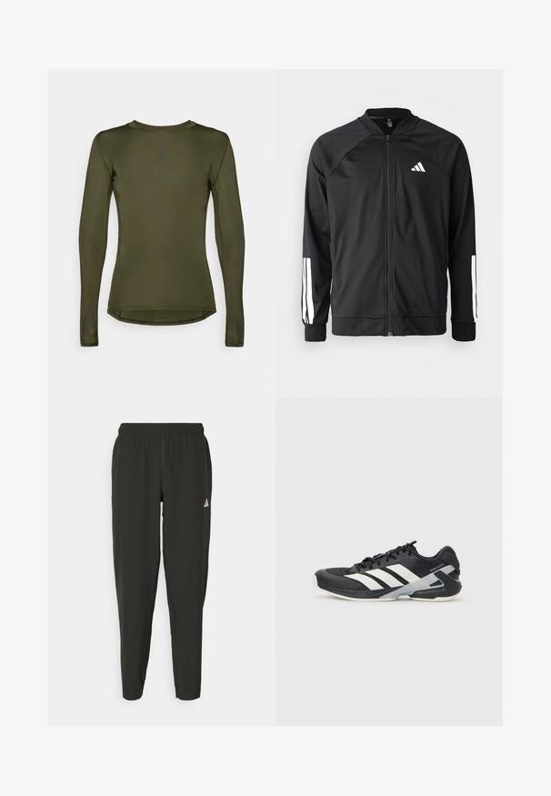 Črna atletska jakna z zadrgo spredaj, raglan rokavi, belo Adidas logo in bele črte na rokavih. Gladek material z elastičnimi manšetami.; Dolgimi rokavi športna majica v olivno zeleni barvi, izdelana iz gladkega, raztegljivega materiala. Ima okrogel izrez in diskreten logotip na prsih.; Črne športne hlače z elastičnim pasom, ožji kroj in belim logotipom na levi nogi. Gladek, lahek material.; Črne atletske čevlje z belimi črtami, mrežastim zgornjim delom, zaobljenim nosom in blaženim podplatom. Imajo teksturiran petni del in varen sistem vezalk.