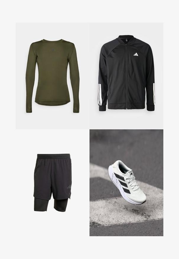 Crna sportska jakna s prednjim zatvaračem, raglan rukavima, bijelim Adidas logom i bijelim prugama na rukavima. Glatka tkanina s elastičnim manžetama.; Dugo rukav sportski top u maslinastoj boji, izrađen od glatkog, rastezljivog materijala. Ima okrugli izrez i suptilan logo na prsima.; Crne atletske šortse s integriranim unutarnjim slojem, izrađene od prozračnog materijala. Sadrže suptilan logo i strukturiranu teksturu. Podesivi pojas.; Bjela atletska cipela s mrežastim gornjim dijelom s teksturom, crnim prugama, vezanjem na vezice i podstavljenim potplatom, lebdi iznad označene ceste.