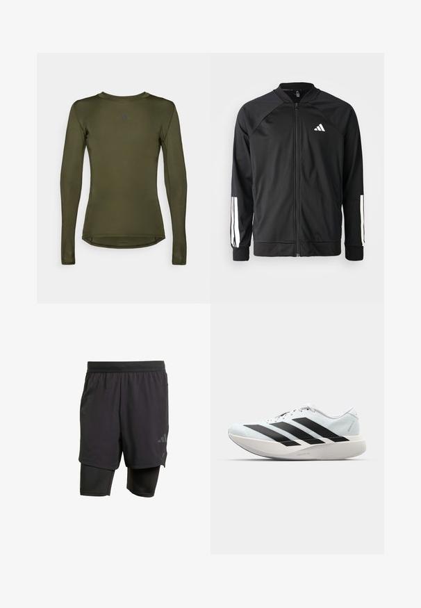 Schwarze Sportjacke mit einem Frontreißverschluss, Raglanärmeln, weißem Adidas-Logo und weißen Streifen an den Ärmeln. Glattes Gewebe mit elastischen Bündchen.; Langärmliges Sportoberteil in Olivgrün, aus glattem, dehnbarem Material. Mit Rundhalsausschnitt und dezentem Logo auf der Brust.; Schwarze Sportshorts mit integrierter Innenschicht, aus atmungsaktivem Material hergestellt. Mit dezentem Logo und strukturierter Textur. Verstellbarer Bund.; Leichte Laufschuhe in hellblau mit schwarzen Streifen. Sie verfügen über ein glattes Obermaterial, eine runde Zehenpartie und eine dicke weiße Zwischensohle, die mit "LIGHTSTRIKE PRO" beschriftet ist.