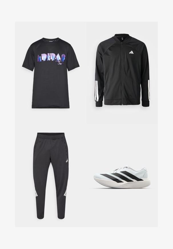 Črna atletska jakna z zadrgo spredaj, raglan rokavi, belo Adidas logo in bele črte na rokavih. Gladek material z elastičnimi manšetami.; Črna majica s kratkimi rokavi z velikim, večbarvnim grafičnim tiskom, ki vključuje besedo "ADIDAS" in silhuete. Okrugla majica.; Črne športne hlače z zoženimi hlačnicami, elastnim pasom, stranskimi žepi ter belim logotipom in črtami. Narejene iz gladkega, lahkega materiala.; Lahki tekaški čevlji v svetlo modri barvi z belimi črtami. Imajo gladek zgornji del, okroglo kapico in debel bel srednji podplat z označbo "LIGHTSTRIKE PRO."