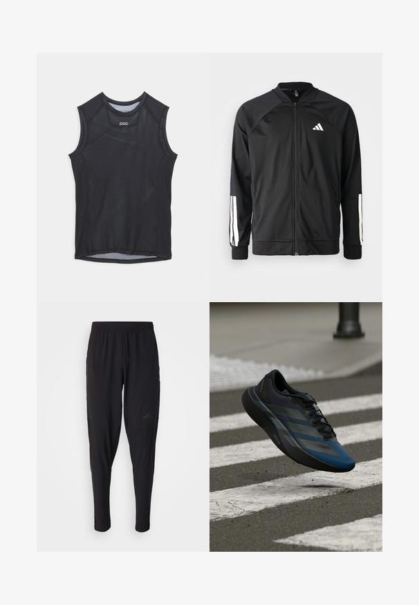 Black athletic jacket with a front zipper, raglan sleeves, white Adidas logo, and white stripes on sleeves. Smooth fabric with elastic cuffs.; Black sleeveless athletic top featuring mesh fabric, round neckline, and reinforced armholes. Minimalist design with subtle branding.; Black athletic pants with an elastic waistband, tapered design, side pockets, and subtle logo detail. Made from flexible, breathable fabric.; Black and blue athletic shoe with a streamlined design, featuring a textured upper, contrasting stripes, and a cushioned sole, hovering over pavement.