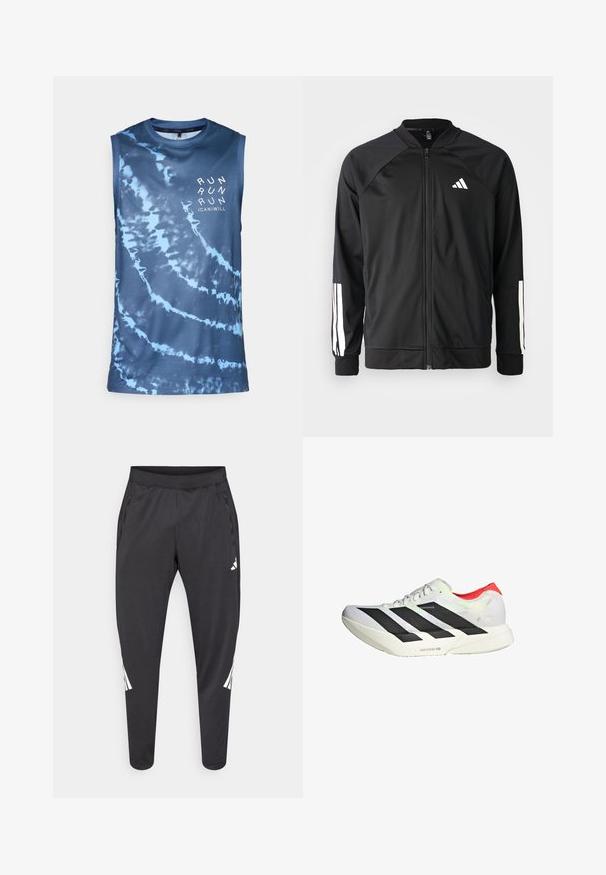 Czarna kurtka sportowa z zamkiem z przodu, raglanowymi rękawami, białym logo Adidas oraz białymi paskami na rękawach. Gładki materiał z elastycznymi mankietami.; Bez rękawów koszulka sportowa, niebieski wzór tie-dye, lekka siateczka, okrągły dekolt, z białym napisem "RUN" z przodu.; Czarne spodnie sportowe o zwężanych nogawkach, z elastycznym pasem, bocznymi kieszeniami oraz białym logo i paskami. Wykonane z gładkiego, lekkiego materiału.; Białe buty sportowe z czarnymi ukośnymi paskami, czerwonymi akcentami na pięcie oraz fakturowaną cholewką; wyposażone w amortyzację LIGHTSTRIKE PRO.
