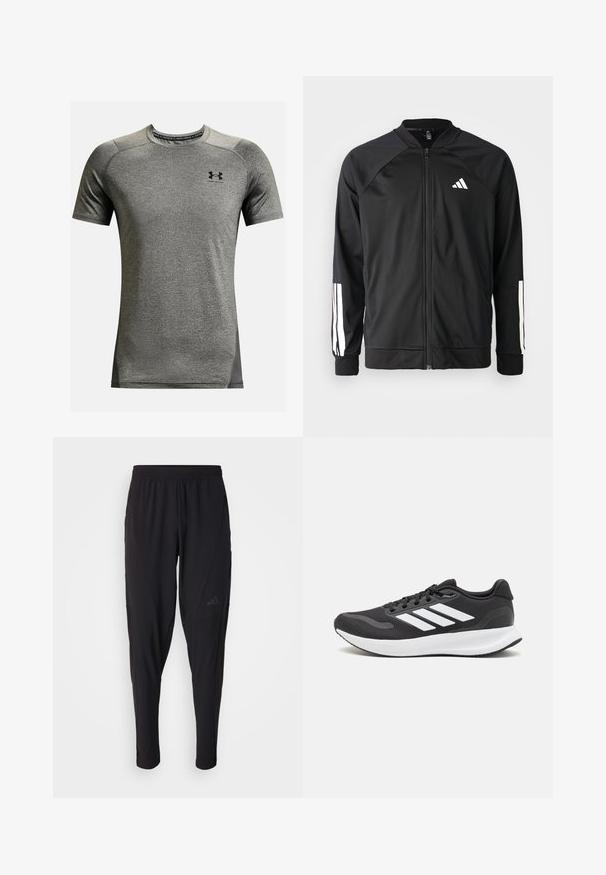 Jachetă sport neagră, cu fermoar frontal, mâneci raglan, logo Adidas alb și dungi albe pe mâneci. Material neted, cu manșete elastice.; Tricou sport cu mânecă scurtă, de culoare gri, realizat dintr-un material texturat. Are guler rotund și un mic logo negru pe piept. Panouri laterale de culoare gri închis.; Pantaloni atletici negri cu o talie elastică, design conic, buzunare laterale și detalii subtile cu logo. Fabricat dintr-un material flexibil și respirabil.; Pantof cu aspect sport de culoare neagră, cu un upper din plasă respirabilă, accente albe și o talpă amortizată. Include logo-ul cu trei dungi pe lateral.