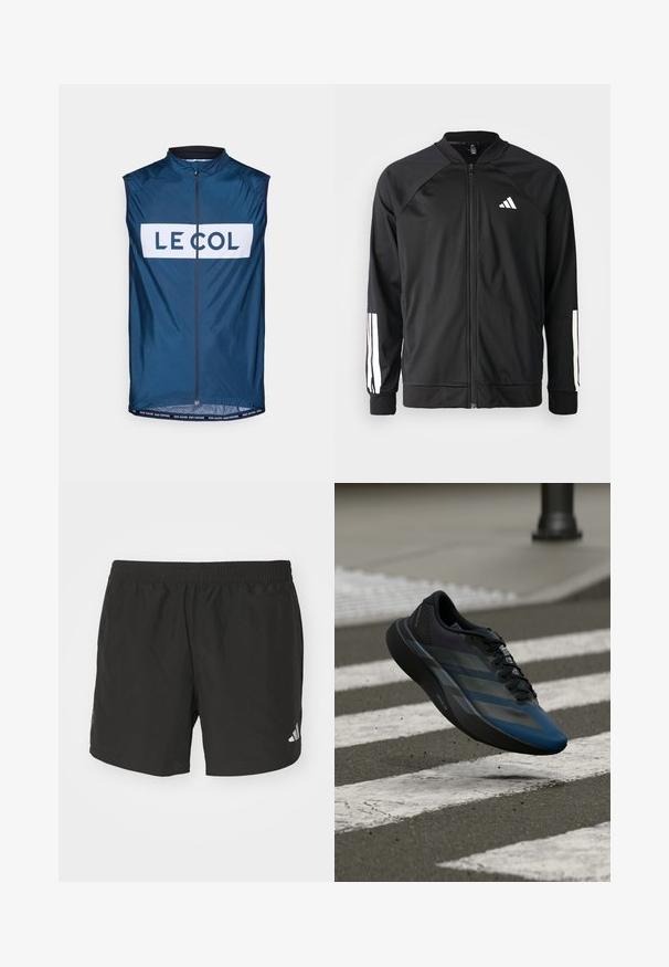 Črna atletska jakna z zadrgo spredaj, raglan rokavi, belo Adidas logo in bele črte na rokavih. Gladek material z elastičnimi manšetami.; Mornarska kolesarska brezrokavnik s visokim ovratnikom, polno dolžino zadrge in velikim belim logotipom. Lahka, gladka tekstura in brezrokavni dizajn.; Črne atletske kratke hlače z elastičnim pasom, stranskimi razporki in odsevnimi logotipnimi poudarki. Narejene so iz lahkotnega, gladkega materiala.; Črno in modro atletsko čevlje z aerodinamičnim dizajnom, teksturirano zgornjo plastjo, kontrastnimi črtami ter oblazinjeno podplatom, ki lebdi nad asfaltom.
