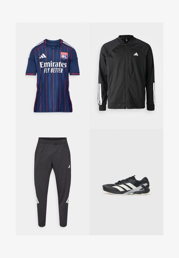 Casaco atlético preto com fecho na frente, mangas raglan, logotipo Adidas branco e riscas brancas nas mangas. Tecido suave com punhos elásticos.; Camisa de futebol da marinha com riscas verticais vermelhas e azuis, gola redonda, logotipo da Adidas no ombro e texto proeminente 'Emirates Fly Better'.; Calças atléticas pretas com pernas afiladas, cintura elástica, bolsos laterais e detalhes em logo e riscas brancas. Confeccionadas em material liso e leve.; Sapata atlética preta com riscas brancas, parte superior em malha, biqueira arredondada e sola acolchoada. Apresenta um calcanhar texturizado e um sistema de atacadores seguro.