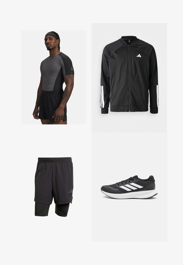 Čierna športová bunda s predným zipsom, raglánovými rukávmi, bielym logom Adidas a bielymi pruhmi na rukávoch. Hladká tkanina s elastickými manžetami.; Atletický muž oblečený v šedom a čiernom priliehavom tričku na cvičenie, čiernych šortkách a čiernom potítku, stojí s neutrálnym výrazom.; Čierne športové šortky s integrovanou vnútornou vrstvou, vyrobené z priedušného materiálu. Disponujú nenápadným logom a štruktúrovanou textúrou. Nastaviteľný pás.; Čierna športová obuv s priedušným sieťovaným zvrškom, bielymi akcentmi a polstrovanou podrážkou. Na bočnej strane sa nachádza logo so tromi pruhmi.