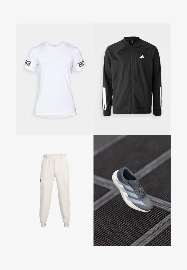 Černá sportovní bunda s předním zipem, raglánovými rukávy, bílým logem Adidas a bílými pruhy na rukávech. Hladká tkanina s elastickými manžetami.; Bílý tričko s krátkým rukávem vyrobené z lehkého materiálu. Na levém rukávu je černý text "BORG" a má kulatý výstřih.; Světlé béžové joggingové kalhoty s elastickým pasem, bočními kapsami a žebrovanými manžetami; mají černý logo akcent na levém bocích.; Sportovní obuv v šedé a bílé barvě, vyrobená z syntetického materiálu, s aerodynamickým designem, texturovaným povrchem a výrazným systémem šněrování.