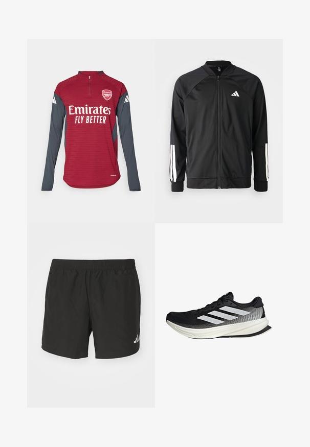Giacca atletica nera con zip frontale, maniche raglan, logo Adidas bianco e strisce bianche sulle maniche. Tessuto liscio con polsini elasticizzati.; adidas Performance ARSENAL FC 25/26 TIRO 25 EUROPEAN PRO TOP - Squadra - team coll burgundy/dark grey; Pantaloni corti sportivi neri con vita elastica, fessure laterali e dettagli riflettenti del logo. Realizzati in un tessuto leggero e liscio.; Scarpa sportiva nera con design in rete, caratterizzata da strisce bianche, punta arrotondata e suola testurizzata per aderenza e supporto.