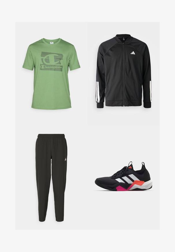 Giacca atletica nera con zip frontale, maniche raglan, logo Adidas bianco e strisce bianche sulle maniche. Tessuto liscio con polsini elasticizzati.; T-shirt verde in cotone a maniche corte, con un design del logo Champion in rilievo nero sulla parte anteriore e colletto a girocollo.; Pantaloni sportivi neri con elastico in vita, taglio aderente e logo bianco sulla gamba sinistra. Tessuto liscio e leggero.; Sneaker nera da atletica con strisce bianche, tomaia testurizzata e suola spessa con dettagli arancioni, rosa e bianchi. Design con lacci e maniglia per il pull.