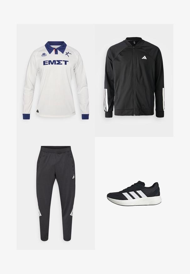 Black athletic jacket with a front zipper, raglan sleeves, white Adidas logo, and white stripes on sleeves. Smooth fabric with elastic cuffs.; Long-sleeve white sports shirt featuring a navy collar and cuffs, with blue branding and text on the front. Made from textured fabric.; Black athletic pants with tapered legs, elastic waistband, side pockets, and white logo and stripes detailing. Made from a smooth, lightweight material.; Black athletic shoe with a breathable mesh upper, three white stripes on the side, a sturdy rubber sole, and minimalistic design features.