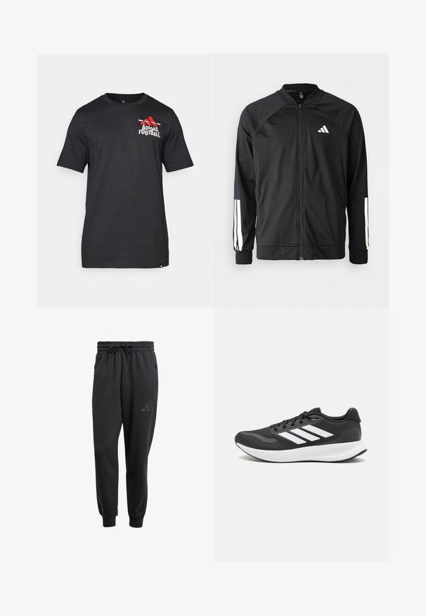 Fekete sportdzseki elől cipzárral, raglán ujjaival, fehér Adidas logóval és fehér csíkokkal az ujjakon. Simakészletű anyag rugalmas mandzsettákkal.; Fekete rövid ujjú póló, pamutból készült, piros Adidas logóval és "Football" felirattal a bal mellkas területen. Sima textúra.; Fekete melegítőnadrág, elasztikus derékpánttal, zsinóros zárással, oldalsó cipzáros zsebekkel és diszkrét logóval a bal combon.; Fekete sportcipő légáteresztő hálós felsőrésszel, fehér kiegészítőkkel és párnázott talppal. Az oldalon három csíkkal ellátott logó található.
