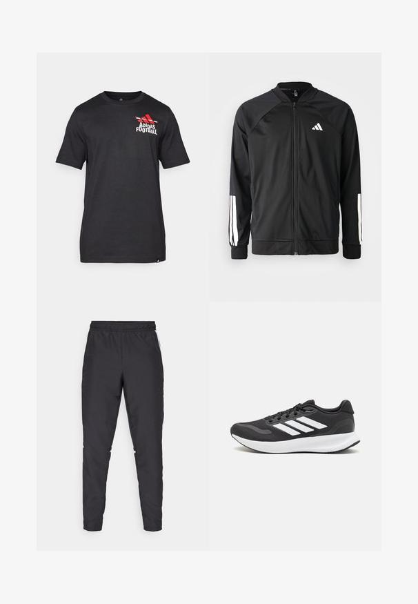 Casaco atlético preto com fecho na frente, mangas raglan, logotipo Adidas branco e riscas brancas nas mangas. Tecido suave com punhos elásticos.; T-shirt preta de manga curta feita de algodão, com um logo vermelho da Adidas e o texto "Futebol" na área do peito esquerdo. Textura suave.; Calças atléticas pretas com um cós elástico, pernas ajustadas e acentos brancos nas laterais. Feitas de material sintético com uma textura suave.; Shoe de atletismo preto com parte superior em malha respirável, detalhes brancos e sola almofadada. Apresenta o logotipo das três riscas na lateral.