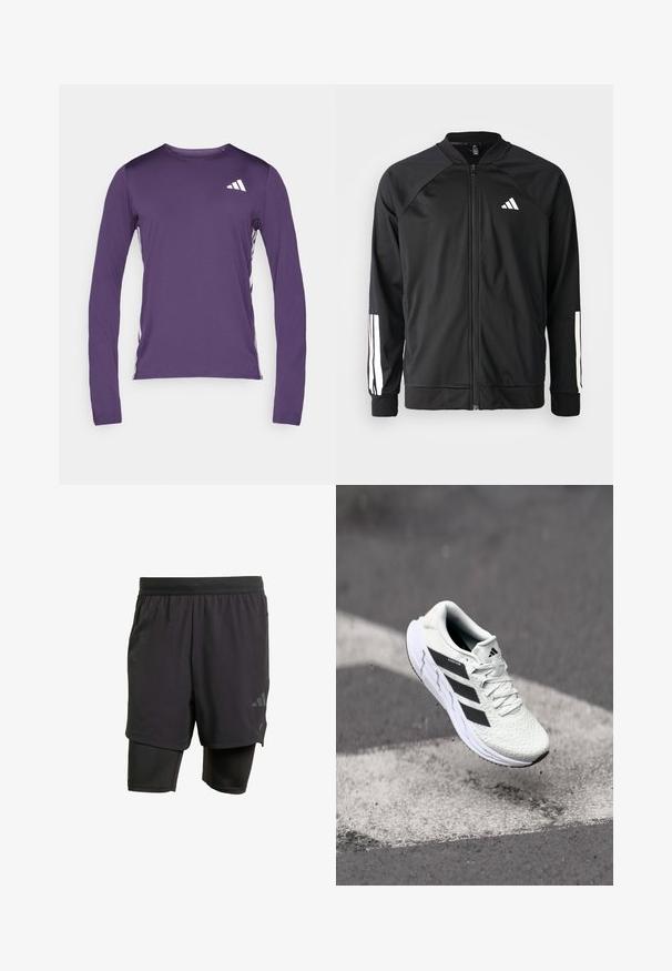 Schwarze Sportjacke mit einem Frontreißverschluss, Raglanärmeln, weißem Adidas-Logo und weißen Streifen an den Ärmeln. Glattes Gewebe mit elastischen Bündchen.; Langarm-Sportshirt in Lila mit Rundhalsausschnitt, strukturiertem Stoff und weißen Logoakzenten auf der oberen linken Brustseite und den Seiten.; Schwarze Sportshorts mit integrierter Innenschicht, aus atmungsaktivem Material hergestellt. Mit dezentem Logo und strukturierter Textur. Verstellbarer Bund.; Weiße Sportschuh mit strukturiertem Mesh-Obermaterial, schwarzen Streifen, Schnürverschluss und gepolstertem Sohlen, schwebt über einer markierten Straßenoberfläche.