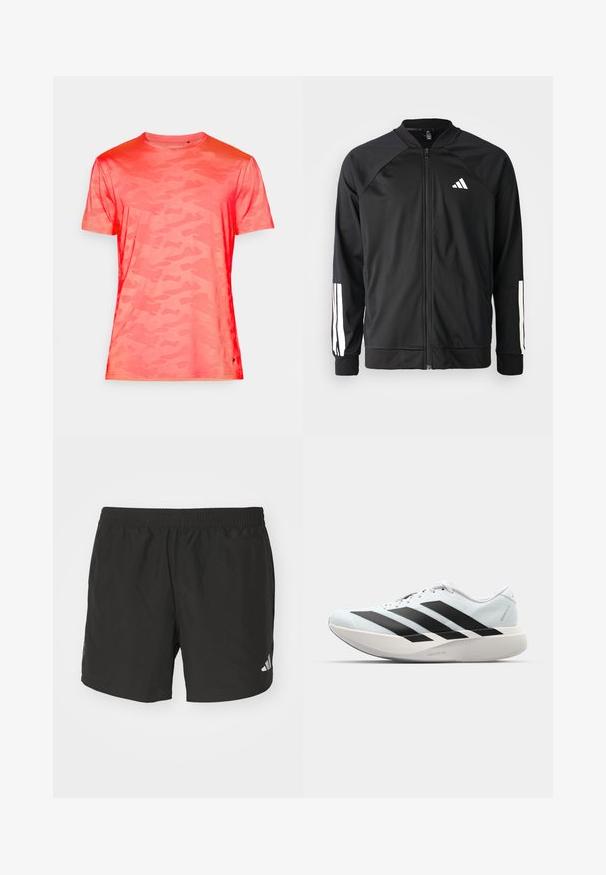 Čierna športová bunda s predným zipsom, raglánovými rukávmi, bielym logom Adidas a bielymi pruhmi na rukávoch. Hladká tkanina s elastickými manžetami.; Tielko s krátkym rukávom v kamuflážnom vzore v živých korálových farbách. Vyrobené z ľahkej tkaniny s hladkou textúrou a okrúhlym výstrihom.; Čierne atletické šortky s elastickým pásom, bočnými rozparkami a reflexnými logovými akcentmi. Vyrobené z ľahkej, hladkej tkaniny.; Ľahké bežecké topánky v svetlomodrej farbe s čiernymi pruhmi. Majú hladký zvršok, okrúle špičky a hrubú bielu medzipodrážku označenú "LIGHTSTRIKE PRO."