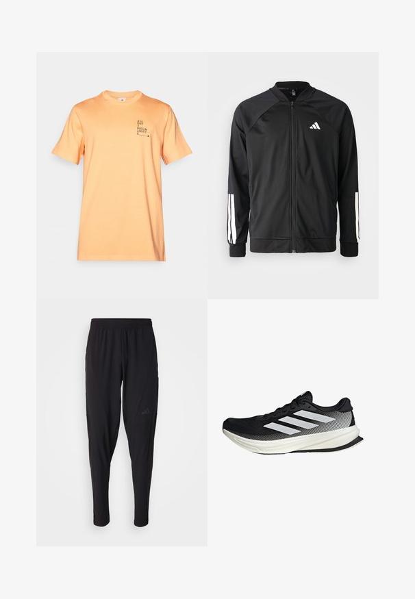 Chaqueta deportiva negra con cremallera frontal, mangas raglán, logo de Adidas en blanco y rayas blancas en las mangas. Tejido suave con puños elásticos.; Camiseta de algodón naranja con mangas cortas, cuello redondo y diseño de texto frontal: "TODO EL DÍA SUEÑO CON S." Textura suave, ajuste casual.; Pantalones deportivos negros con cintura elástica, diseño ajustado, bolsillos laterales y un discreto detalle de logo. Fabricados con un material flexible y transpirable.; Zapato deportivo negro con un diseño de malla, que presenta rayas blancas, una puntera redondeada y una suela texturizada para agarre y soporte.