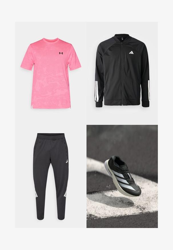 Casaco atlético preto com fecho na frente, mangas raglan, logotipo Adidas branco e riscas brancas nas mangas. Tecido suave com punhos elásticos.; Camisola atlética rosa de mangas curtas com um padrão de camuflagem texturizado. Apresenta um decote redondo e um logótipo na parte superior do lado esquerdo do peito.; Calças atléticas pretas com pernas afiladas, cintura elástica, bolsos laterais e detalhes em logo e riscas brancas. Confeccionadas em material liso e leve.; Sapatilha atlética preta com três riscas brancas, upper texturizado, design elegante e sola curva, posicionada acima de uma linha branca em asfalto.