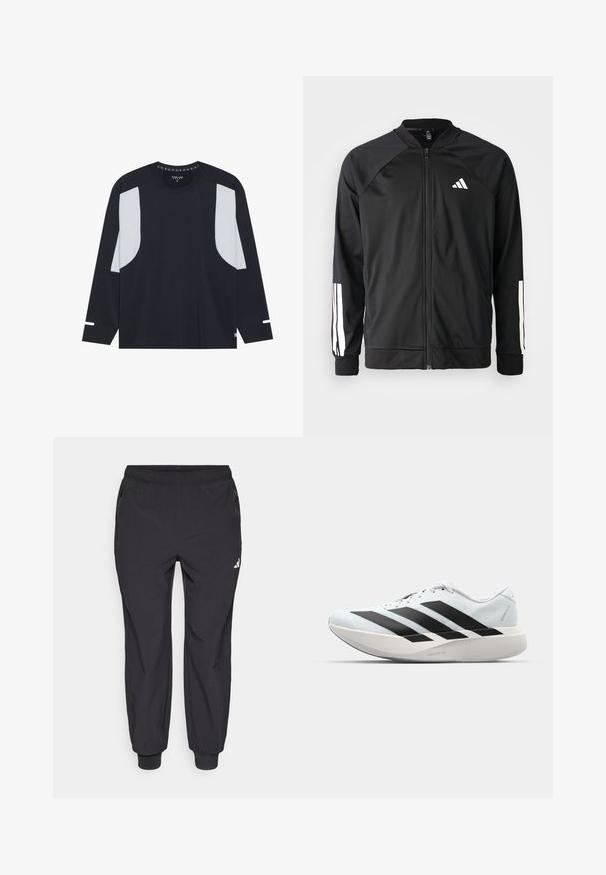 Juodas sportinis džemperis su priekiniais užtrauktukais, raglano stiliaus rankovėmis, balta Adidas logotipu ir baltais juostelėmis ant rankovių. Lygus audinys su elastingomis rankovėmis.; Tamsiai mėlynos ilgo rankovėmis sportinės marškinėliai su šviesiai pilkais tinkleliais ant pečių, apvalia iškirpte ir subtiliais baltais akcentais ant rankovių. Minkšta, kvėpuojanti medžiaga.; Juodos sportinės kelnės su elastinga liemene, dvi šoninės kišenės su užtrauktukais, siaurėjančiais kulkšnies apačioje, ir mažas baltas logotipas viršutinėje kairiojo šlaunies dalyje.; Lengvi bėgimo batai šviesiai mėlynos spalvos su juodomis juostelėmis. Yra lygus viršus, apvalus pirštas ir storas baltas vidpadis su užrašu "LIGHTSTRIKE PRO."
