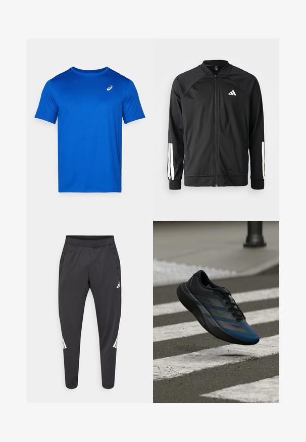 Juodas sportinis džemperis su priekiniais užtrauktukais, raglano stiliaus rankovėmis, balta Adidas logotipu ir baltais juostelėmis ant rankovių. Lygus audinys su elastingomis rankovėmis.; Mėlyna trumpomis rankovėmis marškinėliai, pagaminti iš lengvos medžiagos. Suapvalintas kaklas ir mažas baltas logotipas ant krūtinės. Lygus paviršius.; Juodos sportinės kelnės su siaurėjančiomis kojų apačiomis, elastine juosmens juosta, šoninėmis kišenėmis bei baltu logotipu ir dryžiais. Pagamintos iš glotnios, lengvos medžiagos.; Juodos ir mėlynos spalvų sportinė batus su aptakiu dizainu, tekstūruotu viršumi, kontrastingomis juostelėmis ir paminkštinta padu, kybantis virš šaligatvio.