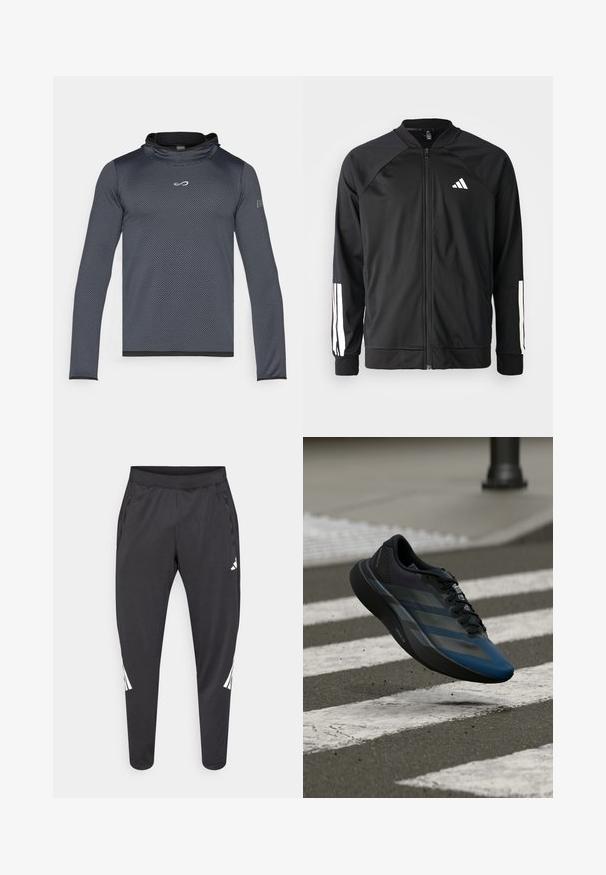 Sort atletisk jakke med lynlås foran, raglanærmer, hvidt Adidas-logo og hvide striber på ærmerne. Glat stof med elastiske manchetter.; Endless HERO - Langærmet T-shirt - titanium; Sorte atletikbukser med smalle ben, elastisk taljebånd, sidelommer og hvide logoer samt stribedetaljer. Fremstillet af et glat, let materiale.; Sort og blå atletiksko med et strømlinet design, med en tekstureret overdel, kontrasterende striber og en polstret sål, svævende over fortovet.