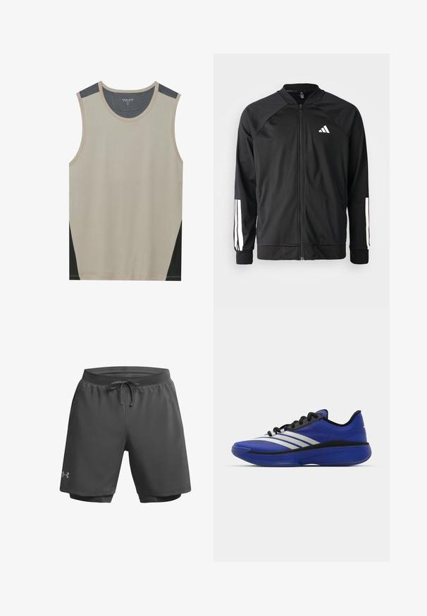 Mustar mustreeritud spordijakk, millel on ees lukuga taskud, raglanvarrukad, valge Adidas logo ja valged triibud varrukatel. Sile kangas elastsete mansettidega.; Beige ilma varrukatega tank top tumehallide õlavarrekaunistustega ja mustade külgpaneelidega. Sile tekstuur ümmarguse kaelusega.; Tumedat hallid spordilühikesed püksid elastse vöökoha, reguleeritava nööriga ja sisemise võrklinas voodriga; vasakul jalal on peen bränding.; adidas Performance ADIZERO SELECT 3.0 - Korvpallijalatsid - lucid blue/core black/metallic